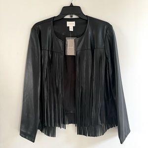 Chico's Faux Leather Jacket Fringe Front and Back Open Front Black Moto Style